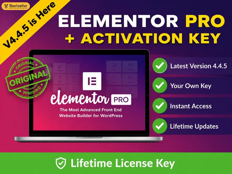 May include: A laptop screen displays the Elementor Pro logo and text, with a purple and red gradient background. Text includes V4.4.5 is Here, Elementor Pro + Activation Key, and features like Latest Version 4.4.5, Your Own Key, Instant Access, and Lifetime Updates.