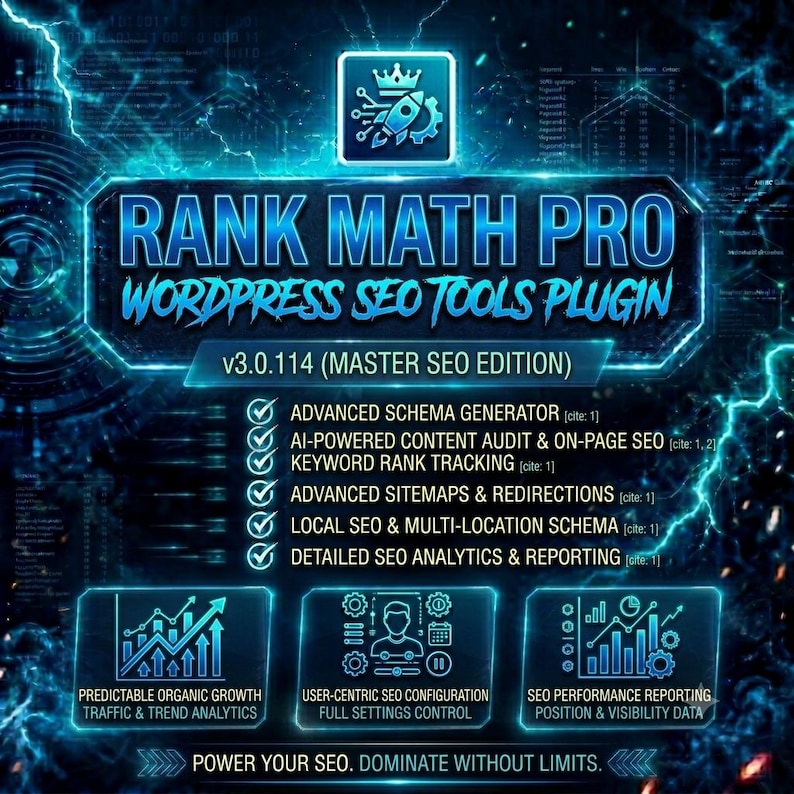 May include: A digital graphic for Rank Math Pro WordPress SEO Tools Plugin v3.0.114 Master SEO Edition. It features a blue glowing aesthetic with lightning effects, listing features like schema generation, rank tracking, and analytics.
