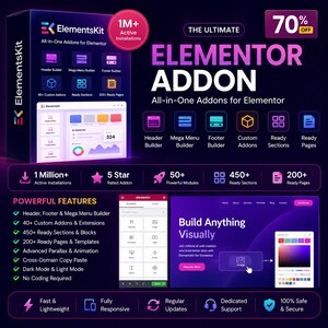 以下が含まれることがあります： ElementsKitソフトウェアボックスとデジタルインターフェース。テキスト「The Ultimate Elementor Addon」を表示。ヘッダー、メガメニュー、フッタービルダーのアイコン、100万以上のインストール、50以上のモジュール、450以上のセクション、200以上のページが含まれています。
