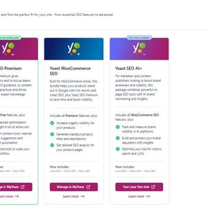 May include: A comparison chart titled Plans displaying three software subscription options: Yoast SEO Premium, Yoast WooCommerce SEO, and Yoast SEO AI+. Each column features a gradient header, a list of included features with green checkmarks, and buttons.