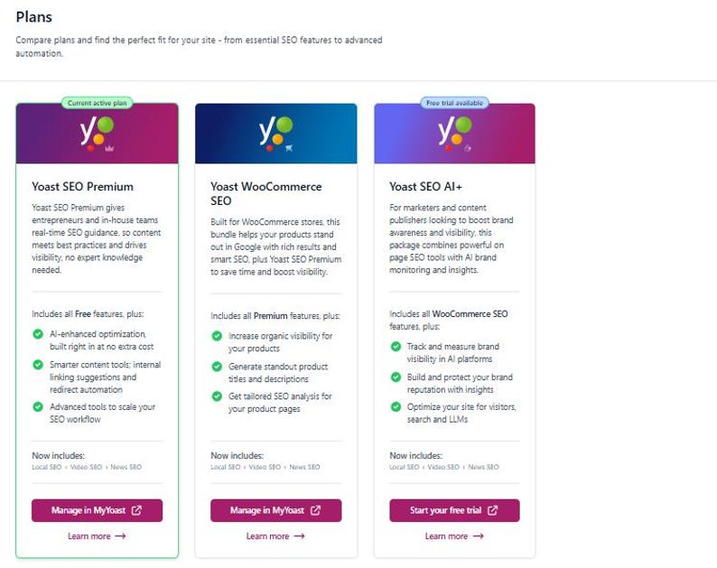 May include: A comparison chart titled Plans displaying three software subscription options: Yoast SEO Premium, Yoast WooCommerce SEO, and Yoast SEO AI+. Each column features a gradient header, a list of included features with green checkmarks, and buttons.