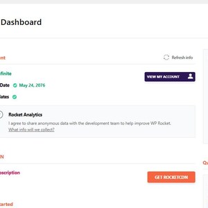 Pu&ograve; includere: Un'interfaccia della dashboard del software WP Rocket che mostra i dettagli dell'account, una licenza infinita, un punteggio Rocket Insights di 100 e varie impostazioni di ottimizzazione tra cui ottimizzazione dei file, media, precaricamento e gestione del database.