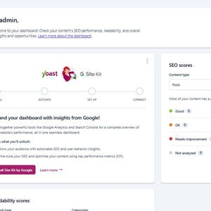 May include: A digital dashboard interface for Yoast SEO featuring a sidebar menu with navigation links, a main content area displaying Google Site Kit integration options, and a section for SEO scores with status indicators for content performance.