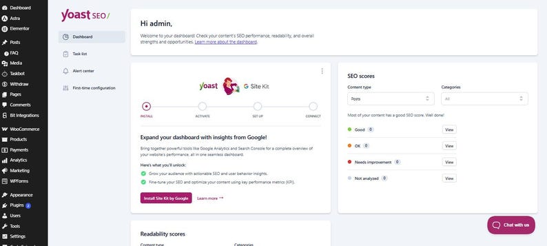May include: A digital dashboard interface for Yoast SEO featuring a sidebar menu with navigation links, a main content area displaying Google Site Kit integration options, and a section for SEO scores with status indicators for content performance.