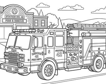 Pagina da colorare digitale con il camion dei pompieri