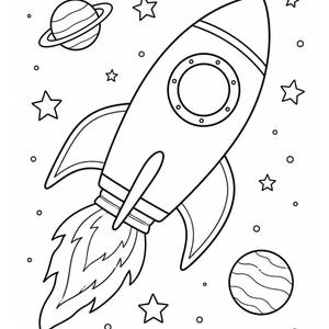 May include: A black and white line art coloring page featuring a rocket ship launching into space. The rocket has a circular window, fins, and flames exiting the base. The scene includes two planets with striped patterns and several stars.