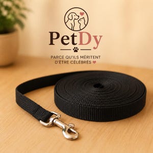 Può includere: Un guinzaglio per cani in nylon nero arrotolato a cerchio con un moschettone girevole in metallo color argento all'estremità. Sopra il guinzaglio, il testo PetDy è visualizzato con un logo di cane e gatto e la frase PARCE QU'ILS MÉRITENT D'ÊTRE CÉLÉBRÉS.