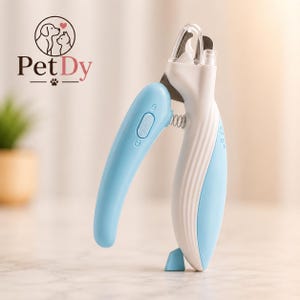 Puede incluir: Un cortaúñas para mascotas de color azul claro y blanco con un protector de plástico transparente, una cuchilla de metal y un mecanismo de resorte. El mango incluye un botón azul texturizado. El logotipo de PetDy con un icono de perro y gato es visible.