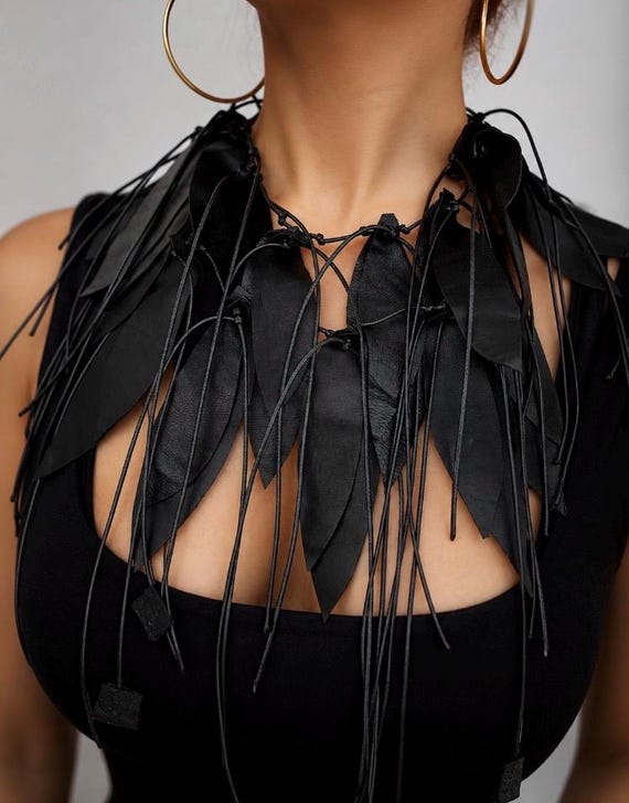 Black Leather Leaf Fringe Statement Necklace, Gothic Necklace, Boho Jewelry