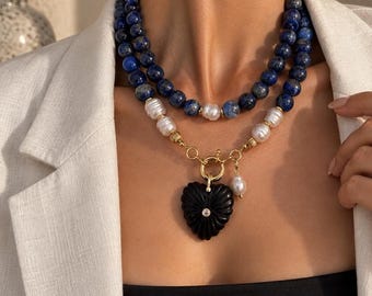 Collier en lapis-lazuli, bijoux en perles et pierres précieuses, cadeau d'anniversaire, pendentif cœur fait main à plusieurs rangs.