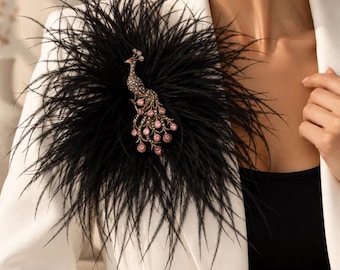 Broche en plume d'autruche noire, broche paon tendance, grande broche en plume pour femme