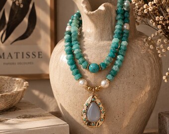 Collier imposant en amazonite avec perles baroques, collier à plusieurs rangs de pierres précieuses, grand pendentif