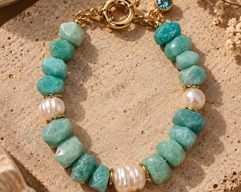 Bracelet en amazonite orné de perles baroques, bracelet en pierre précieuse imposante, bijou tendance turquoise
