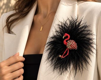 Broche en plume d'autruche flamant rose, broche imposante en plume noire, broche oiseau en cristal rouge, broche élégante pour femme