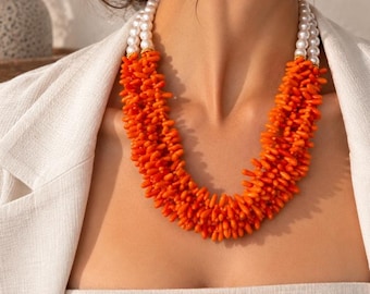 Collier de perles d'eau douce et de corail orange, collier multi-rangs tendance pour femme, cadeau de Noël