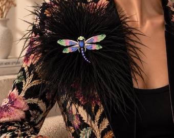 Broche en plume d'autruche noire, broche libellule tendance, grande broche en plume pour femme