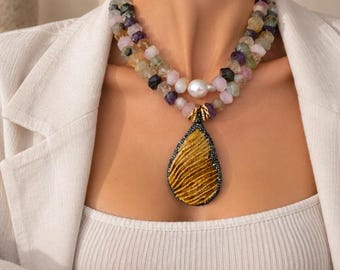 Collier en morganite avec pendentif en corail jaune, collier multi-rangs de pierres précieuses pour femme