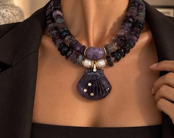 Collier en fluorite avec pendentif en améthyste, collier multi-rangs de pierres précieuses orné de perles, cadeau pour elle