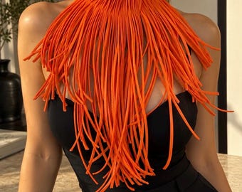 Collier à franges en cuir orange, collier ras du cou tendance pour femme, bijou bohème