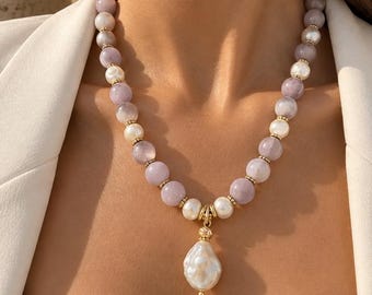 Collier en kunzite et perles d'eau douce, pendentif en perle baroque, collier statement en pierre précieuse lilas pour femme