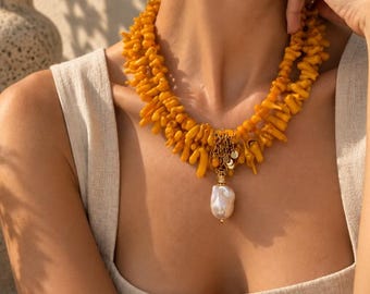 Collier en corail orange avec pendentif en perle baroque, collier multi-rangs, bijoux en corail naturel