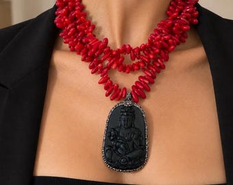 Collier plastron en corail rouge avec pendentif Bouddha, collier multi-rangs fait main pour femme