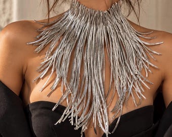 Collier à franges en cuir argenté : Collier ras du cou tendance pour femme, style bohème