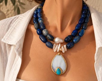 Collier en lapis-lazuli avec pendentif en nacre, collier de perles baroques pour femme