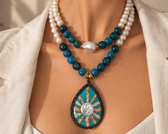 Collier de perles d'eau douce et d'apatite avec pendentif turquoise, collier multi-rangs de pierres précieuses pour femme