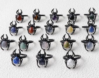 Anillo de araña con piedras preciosas naturales, anillo de cristal para Halloween, anillo de piedra gótico punk ajustable, joyería de araña, accesorio para disfraz de bruja