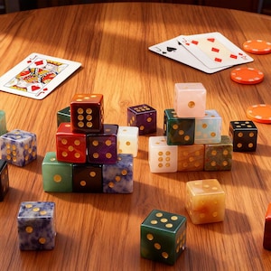 Pode incluir: Uma coleção de dados de pedra multicoloridos com pontos dourados, dispostos em pilhas e espalhados sobre uma superfície de madeira ao lado de cartas de baralho e fichas circulares laranja. Os dados apresentam várias cores marmorizadas.