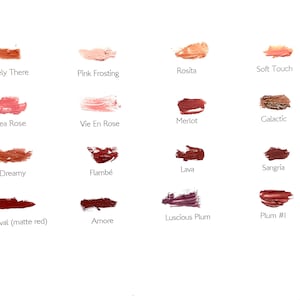 Puede incluir: Carta de muestra con 15 tonos diferentes de lápiz labial, que van desde el nude claro hasta el ciruela oscuro. Los tonos están etiquetados con nombres como "Barely There", "Pink Frosting", "Tea Rose", "Dreamy", "Carnival (matte red)", "Amore", "Luscious Plum" y "Plum #1".