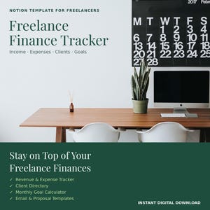 Plantilla de Notion para el seguimiento de finanzas de freelancers / Rastreador de ingresos y gastos / Directorio de clientes / Planificador de presupuesto / Descarga digital
