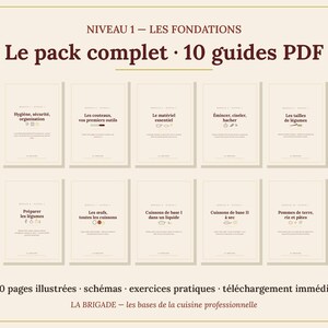 Peut inclure: Un ensemble numérique de 10 guides de cuisine en format PDF intitulé NIVEAU 1 – LES FONDATIONS. Ce pack comprend 150 pages illustrées avec des schémas et des exercices pratiques sur l'hygiène, les couteaux et les techniques de cuisson.