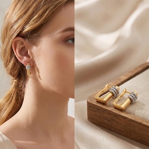 Geometric Huggie Hoop Earrings, Two Tone Cubic Zirconia Rectangular Hoops, Gold or Silver