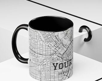 Taza de café con mapa de ciudad personalizado, taza con mapa aéreo de calles personalizado, cualquier ciudad o ubicación, regalo de viaje minimalista en blanco y negro