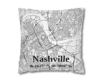 Diseño de mapa de la ciudad de Nashville en blanco y negro para funda de almohada
