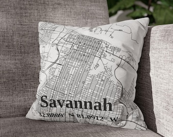 Funda de almohada con mapa de Savannah, funda de almohada decorativa personalizada, regalo de decoración para el hogar, recuerdo de viaje, decoración geográfica única, poliéster hilado.
