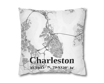 Funda de almohada con mapa de Charleston / Decoración acogedora para el hogar, regalo personalizado, recuerdo de viaje, adorno para el dormitorio, regalo de inauguración de casa