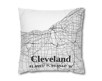 Funda de almohada con mapa de Cleveland - Funda de almohada cuadrada de poliéster hilado, decoración moderna para el hogar, regalo único, para amantes de los viajes, temática urbana, almohada personalizada