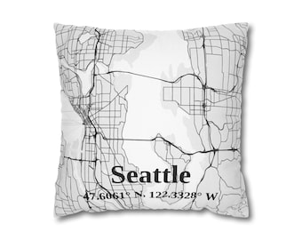 Diseño de mapa de la ciudad de Seattle en blanco y negro para funda de almohada