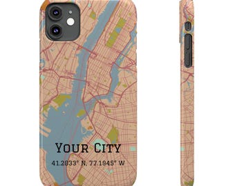 Funda para iPhone con mapa de ciudad personalizado / Funda con ciudad y coordenadas personalizadas / Compatible con iPhone 11 a iPhone 16 Pro Max / Regalo de viaje