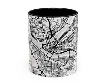 Taza con mapa de Pittsburgh, taza de café de arte urbano, diseño en blanco y negro, regalo para viajeros, decoración del hogar, delicia para los amantes del café, taza decorativa de 11 oz y 15 oz.