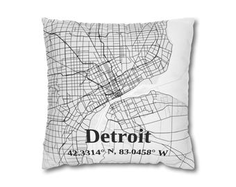 Funda de almohada con mapa de la ciudad de Detroit, decoración para el hogar, regalo para amantes de la geografía, funda de cojín decorativa, recuerdo de viaje, acento moderno para el hogar.
