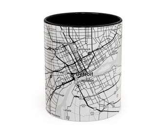 Coffee Mug, Detroit Map Black & White City Mug, Custom Gift for Travelers, Detroit Fan, Urban Chic Decor, Unique Design