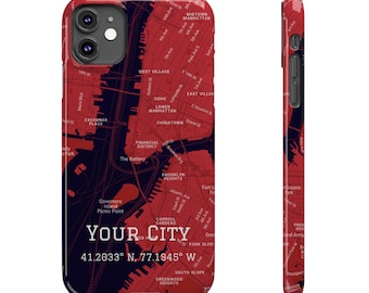 Funda para iPhone con mapa de ciudad personalizado / Funda con coordenadas GPS personalizadas / Compatible con iPhone 11 a iPhone 16 Pro Max / Regalo de viaje para él o ella