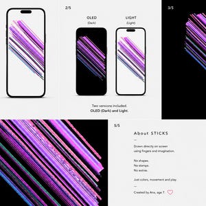 May include: A digital wallpaper set titled STICKS 06 featuring abstract diagonal lines in shades of purple, pink, and blue. The set includes two versions for OLED dark and light screens, showcasing hand-drawn strokes created on a smartphone screen.