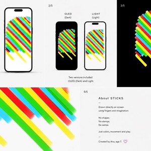 Könnte beinhalten: Ein digitales Kunstwerk mit dem Titel STICKS 05, das diagonale Linien in Rot, Gelb, Grün und Blau zeigt. Das Bild präsentiert zwei Versionen für mobile Bildschirme, eine mit dunklem OLED-Hintergrund und eine mit hellem Hintergrund, von einem Kind erstellt.