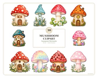 Cute Mushroom Clipart Bundle, 30 PNG Mushroom Cottage Clip Art, Whimsical Fairy Garden Graphics, Transparent PNG, Sticker Planner Design