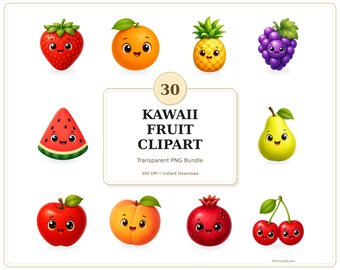 Cute Kawaii Fruit Clipart PNG Bundle, 30 Transparent Fruit PNG, Strawberry Watermelon Apple Clip Art, Commercial Use Digital Download